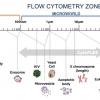 A cosa si applica la citofluorimetria a flusso: spettro dimensionale degli elementi cellulari a cui si applica la citometria a flusso, con particolare riferimento alle applicazioni con CytoFLEX S. I materiali analizzabili passano dalle nanovescicole contenenti micro RNA  messaggeri, a batteri, microalghe, singoli cromosomi, nuclei isolati, cellule intere e microoorganismi protozoi. La citometria a flusso è uno strumento estremamente versatile e preciso.